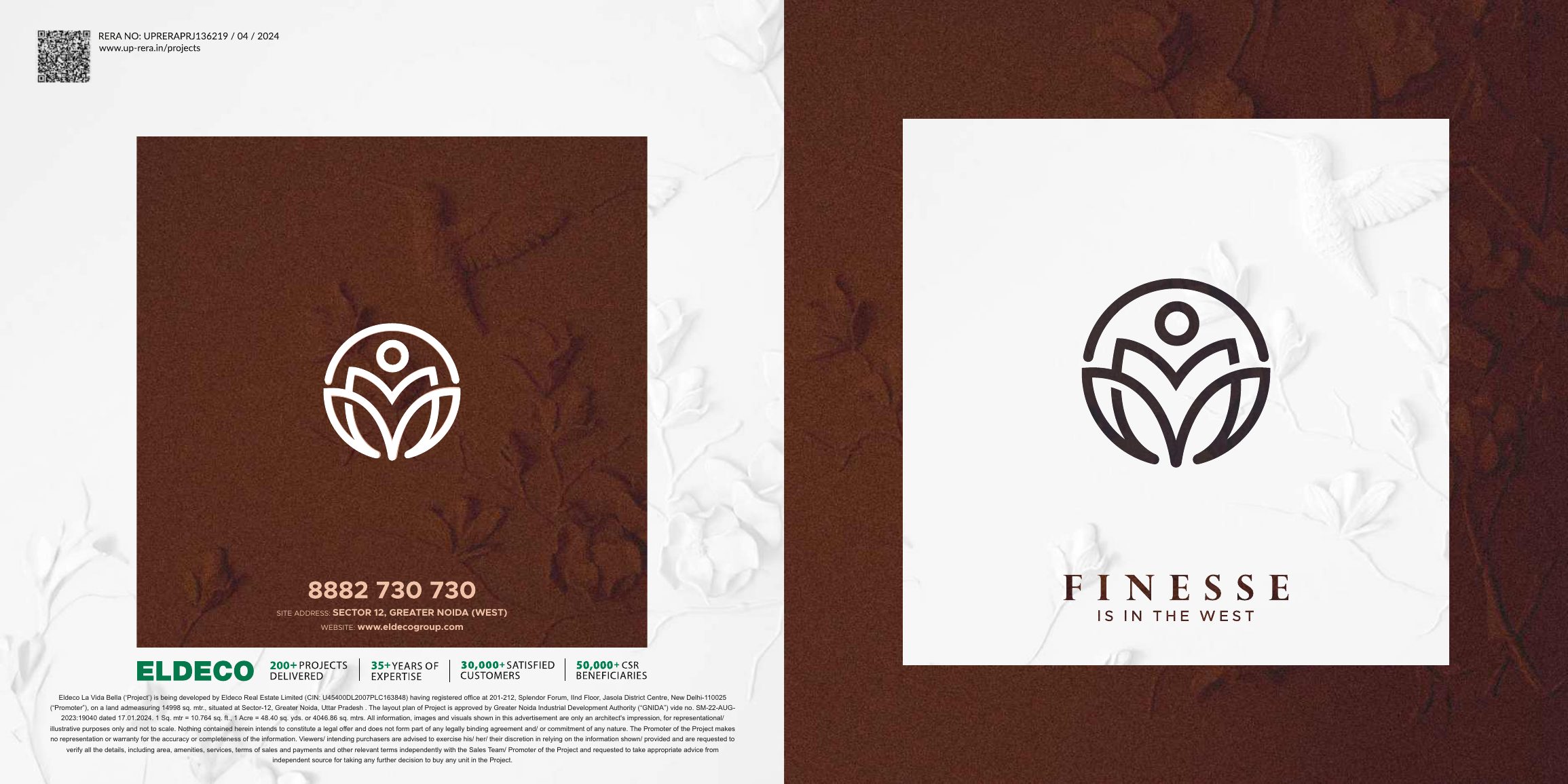 Cover spread of the official Eldeco La Vida Bella brochure — RERA number UPRERAPRJ136219/04/2024 with QR code, Eldeco identity block, and the campaign line Finesse is in the West