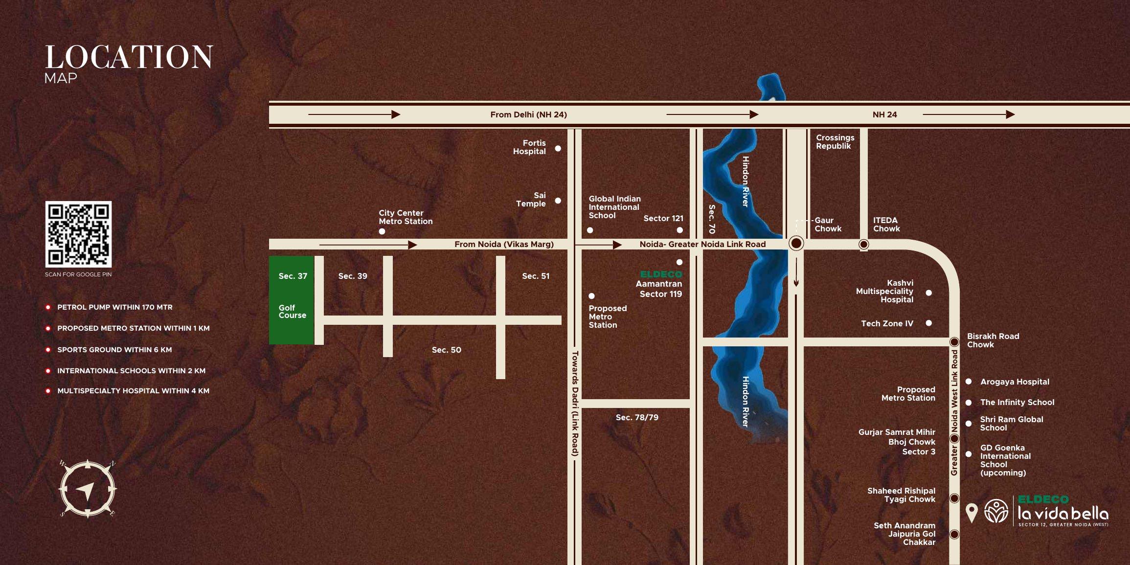 Location map of Eldeco La Vida Bella from the developer's brochure, showing Gaur Chowk, ITEDA Chowk, Bisrakh Road and Tech Zone IV around the plot