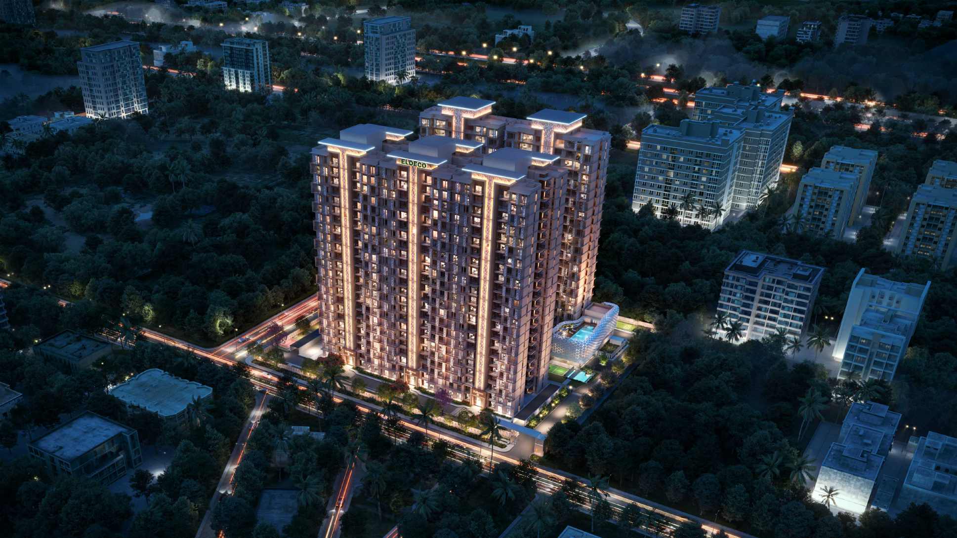 Night aerial view of the five Eldeco La Vida Bella towers — artistic render from the developer's brochure