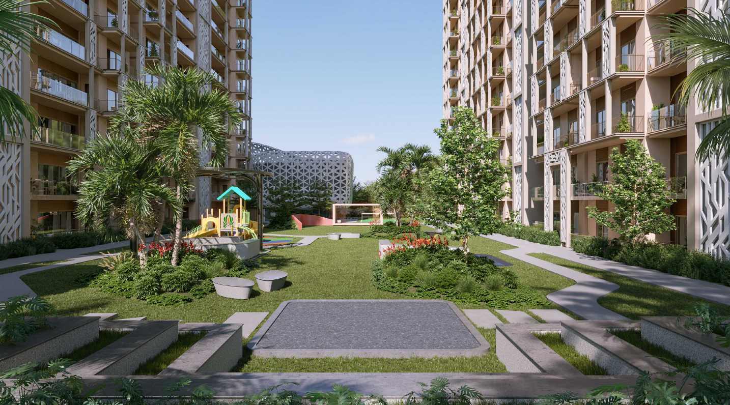 Landscaped central courtyard greens — artistic render