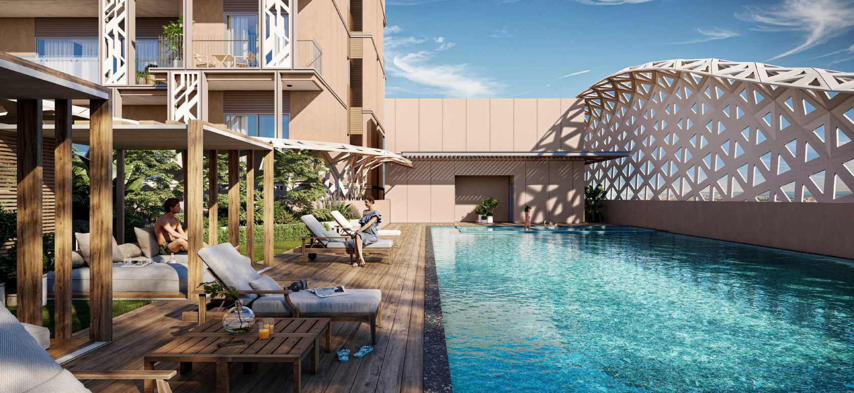 Rooftop pool deck at the clubhouse — artistic render